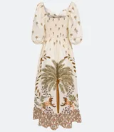 Vestido midi de algodón color crudo con estampado de cocoteros, escote con detalle torcido y mangas 3/4.