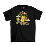 Remera negra de manga corta con estampa frontal colorida estilo cartoon que incluye un personaje en forma de caja, flores, sol y el texto 'empathy will save the world'.