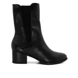 Bota de cuero negro con elástico lateral, taco cuadrado y caña media.