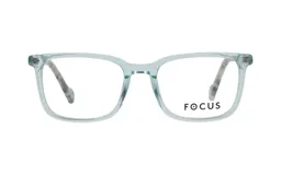 Armazón de anteojos recetados Focus Premium, con marco rectangular de acetato en color celeste traslúcido.