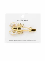 Broche para el pelo metálico dorado en forma de langosta, con detalles en resina efecto nacarado blanco en las pinzas y el cuerpo.
