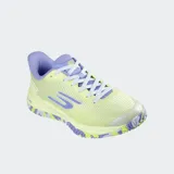 Championes deportivos Skechers Viper Pro 2.0, color amarillo con detalles en lila y suela multicolor.