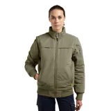 Campera bomber acolchada de color verde militar, con cuello alto, cierre frontal completo, puños y ruedo de tejido acanalado, y bolsillo con cierre en la manga izquierda.