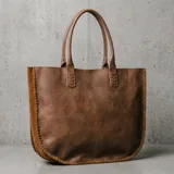Cartera tipo tote de cuero marrón con textura granulada, presenta detalles de costuras decorativas en los bordes y en la base de las asas.