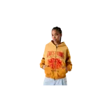 Hoodie con cierre completo Eme Studios, color amarillo mango con efecto degradado. Presenta un diseño gráfico estampado en rojo en el frente con la inscripción "Emestudios Always Grateful Madrid" y detalles de leones y estrellas. Incluye capucha, bolsillos tipo canguro y puños y dobladillo de tejido elástico.