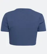 Blusa cropped de canalé color azul con cuello redondo, mangas cortas y detalle corsetado con lazo en la cintura.