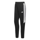 Pantalón de entrenamiento Adidas Tiro 26 Essentials para mujer, de color negro con las clásicas tres franjas blancas en los laterales y el logo de la marca bordado. Cuenta con cintura elástica y diseño cómodo para la actividad deportiva.