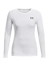Remera de compresión Under Armour de manga larga, color blanco, con cuello redondo y logo de la marca estampado en el pecho. Confeccionada en tejido HeatGear elástico que absorbe el sudor y ofrece un ajuste ceñido.