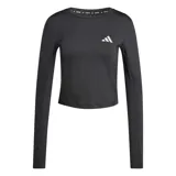 Remera deportiva de manga larga Adidas, color negro, con cuello redondo y el logotipo de la marca impreso en el pecho en color blanco.