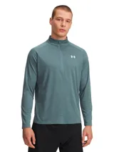 Buzo deportivo Under Armour para hombre, modelo Tech Texturd 1/2 Zip, color azul con textura. Cuenta con cierre medio en el cuello y logo de la marca en el pecho. Confeccionado en tejido UA Tech™ ligero y transpirable.