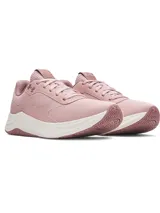 Championes de entrenamiento Under Armour Aurora 3, diseñados específicamente para el pie femenino. Presentan una parte superior de malla transpirable en color rosado con detalles de gamuza, mediasuela Charged+ para amortiguación y suela de goma con tracción multidireccional.