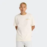 Remera de algodón color crema con cuello redondo y mangas cortas. Presenta un pequeño gráfico con texto en amarillo y una línea horizontal debajo en el pecho.