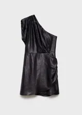 Vestido corto de diseño asimétrico con un solo hombro, confeccionado en tejido con textura brillante. Presenta un corte recto y cierre de cremallera lateral.
