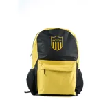 Mochila de poliéster negra y amarilla con el escudo del Club Atlético Peñarol. Cuenta con un compartimento principal con cierre, un bolsillo frontal con cierre y bolsillos laterales de malla.