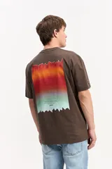 Remera oversize marrón con cuello redondo, mangas cortas y estampa pequeña en el pecho de la marca Mistral con la inscripción 'Northern Lights Sky'.