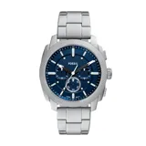 Reloj cronógrafo Fossil Machine con caja de acero inoxidable plateado de 44 mm y malla metálica a juego. Presenta una esfera azul texturizada con índices luminiscentes, manecillas contrastantes y movimiento de cuarzo. Incluye resistencia al agua de 5 ATM.