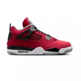 Zapatillas Air Jordan 4 Retro de caña media, color rojo con detalles en negro, gris y blanco, confeccionadas en nobuk con paneles de red y unidad Air-Sole visible en el talón.