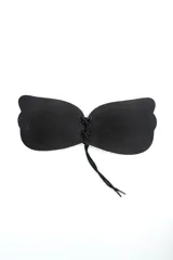 Soutien adhesivo strapless negro con cordones frontales ajustables y diseño en forma de alas.