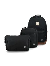 Set de tres piezas en color negro que incluye una mochila con base en color marrón, un bolso tipo morral y un neceser, todos con cierre y logo de la marca.
