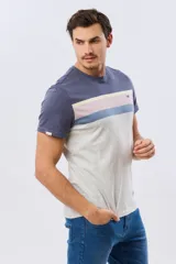 Remera de algodón de corte clásico y manga corta, con diseño de franjas horizontales en tonos azul, beige, verde y azul marino sobre base blanca.