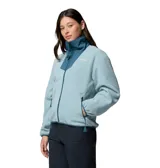 Campera polar de mujer Columbia, modelo Sequoia Grove, en color celeste con detalles en azul oscuro en el cuello y cierre. Presenta cuello alto, cierre frontal completo, bolsillos laterales con cierre y elásticos en puños y dobladillo.