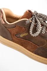 Zapatilla urbana de cuero en tonos marrones, con paneles de gamuza y detalles metalizados en el talón. Presenta cordones bicolores y suela de goma al tono.