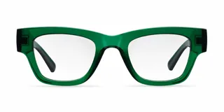 Lentes blueblocker modelo Zala Forest con armazón rectangular de color verde traslúcido y lentes transparentes con protección contra la luz azul y UV.