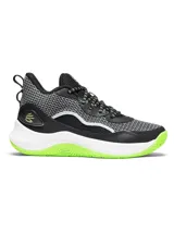 Championes de básquetbol Under Armour Curry 3Z7, con diseño en color negro, blanco y detalles en verde neón. Presentan una parte superior combinada de cuero resistente y malla transpirable, con refuerzo interno en el mediopié para mayor estabilidad y una suela de goma con patrón de tracción anatómico.