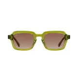 Lentes de sol con marco cuadrado de acetato color verde oliva y lentes marrones degradé.