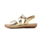 Sandalia plana de cuero color negro, con diseño de tiras cruzadas, cierre ajustable con velcro en el empeine y plantilla acolchada en tono tostado.