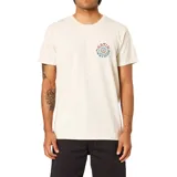 Remera de manga corta color blanco, con cuello redondo y estampa circular pequeña en el pecho con el logo de la marca.