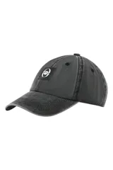 Gorra de béisbol gris con visera curva y parche frontal rectangular negro con el logo de Las Oreiro en blanco.