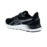 Championes de running Asics modelo Gel Excite 8, color negro con detalles en blanco. Presentan tecnología AmpliFoam en la entresuela para mayor amortiguación y diseño de malla transpirable en la parte superior.