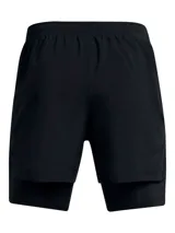 Shorts deportivos Under Armour Launch 5 2N1 de color negro, con diseño de doble capa que incluye un pantalón corto exterior ligero y un short de compresión integrado. Cuenta con bolsillos laterales y el logo reflectante de la marca.
