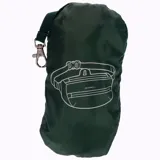 Riñonera unisex color verde oscuro con detalles en beige y azul. Cuenta con múltiples bolsillos con cierre de cremallera, correa ajustable a la cintura y logo de la marca estampado en el frente.