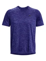 Remera deportiva Under Armour modelo Tech 2.0, color azul con efecto melange, de manga corta y cuello redondo, con pequeño logo negro en el pecho.