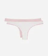 Kit de dos bombachas tipo bikini con diseño de hilo dental, confeccionadas en algodón acanalado con bordes en contraste de color rosado.