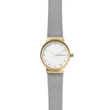 Reloj Skagen para mujer, modelo Freja Lille. Caja redonda dorada de 26mm con esfera blanca con marcadores de cristal. Correa de malla de acero inoxidable plateada.