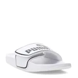 Sandalias tipo ojota Puma modelo Leadcat 2.0 V, color blanco con logo y detalles en negro. Presentan una banda superior ajustable con cierre de velcro.