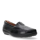 Mocasines de cuero negro con diseño de puntera ovalada y detalle de perforaciones decorativas en el empeine. Presenta costuras reforzadas en el contorno y una suela plana de goma para mayor confort.