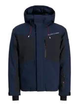 Campera técnica de esquí impermeable y cortaviento, con diseño bicolor en azul marino y negro. Cuenta con capucha ajustable, cierre frontal con tapeta, bolsillos con cierre y detalles funcionales para actividades de nieve.