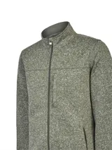 Polar de hombre color verde oliva jaspeado, con cuello alto y cierre frontal completo. Presenta un bolsillo vertical con cierre en el pecho y bolsillos laterales con cierre.