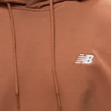 Canguro marrón con capucha, bolsillo tipo canguro y logo de New Balance bordado en blanco en el pecho.