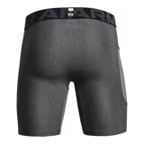 Calza deportiva corta Under Armour modelo HeatGear Compression, color negro con cintura elástica ancha gris y logo de la marca estampado en blanco en la pierna derecha.