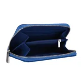 Monedero negro con textura símil cocodrilo y cierre de cremallera. Tiene una placa metálica plateada con el logo de la marca Terrano.