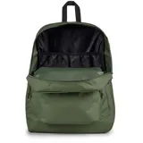 Mochila Jansport Superbreak Plus color verde militar con logo de la marca en azul y rojo. Cuenta con un compartimento principal con cierre, un bolsillo frontal con cierre y un asa de mano en la parte superior.