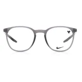Armazón de anteojos recetados Nike modelo 7280, de diseño redondeado en color gris traslúcido con acabado mate.