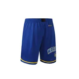 Short de básquet negro con cintura elástica y cordón ajustable. Presenta el logo de Los Angeles Lakers en la pierna derecha y el nombre del equipo en la pierna izquierda. Tiene ribete amarillo en el ruedo.