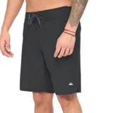 Boardshort Quiksilver liso de color negro y 19 pulgadas, con cintura fija y cordón de ajuste en contraste.