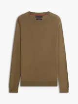Sweater Tommy Hilfiger de cuello redondo, color verde militar, confeccionado en mezcla de algodón y lyocell, con puños y bajo de punto canalé.